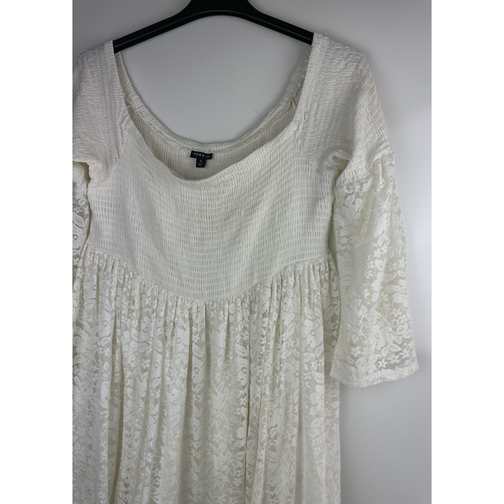 Torrid Lace Shirred Skater Dress Bell Sleeve Whimsy Cream Off White Plus Size 3X - Picture 4 of 11